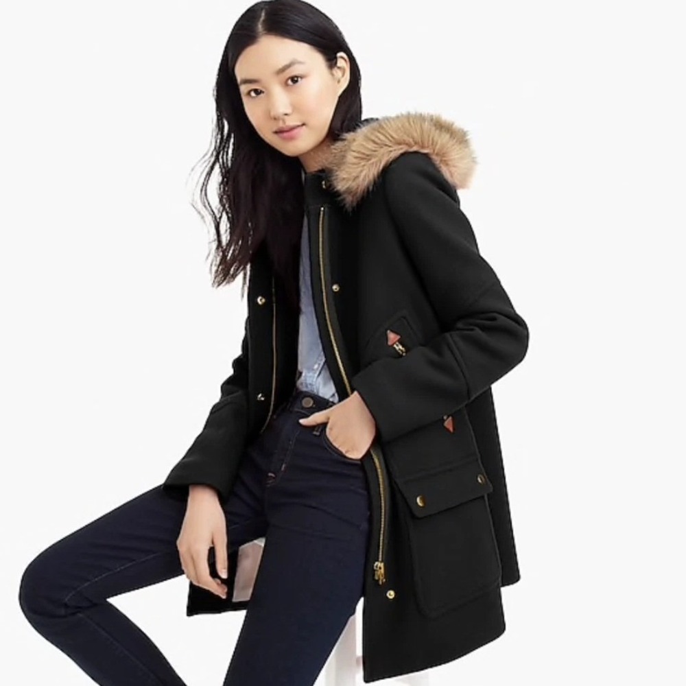 J.Crew Chateau Parka Italian Stadium-Cloth Wool Black Hooded Coat J5488 Women 10